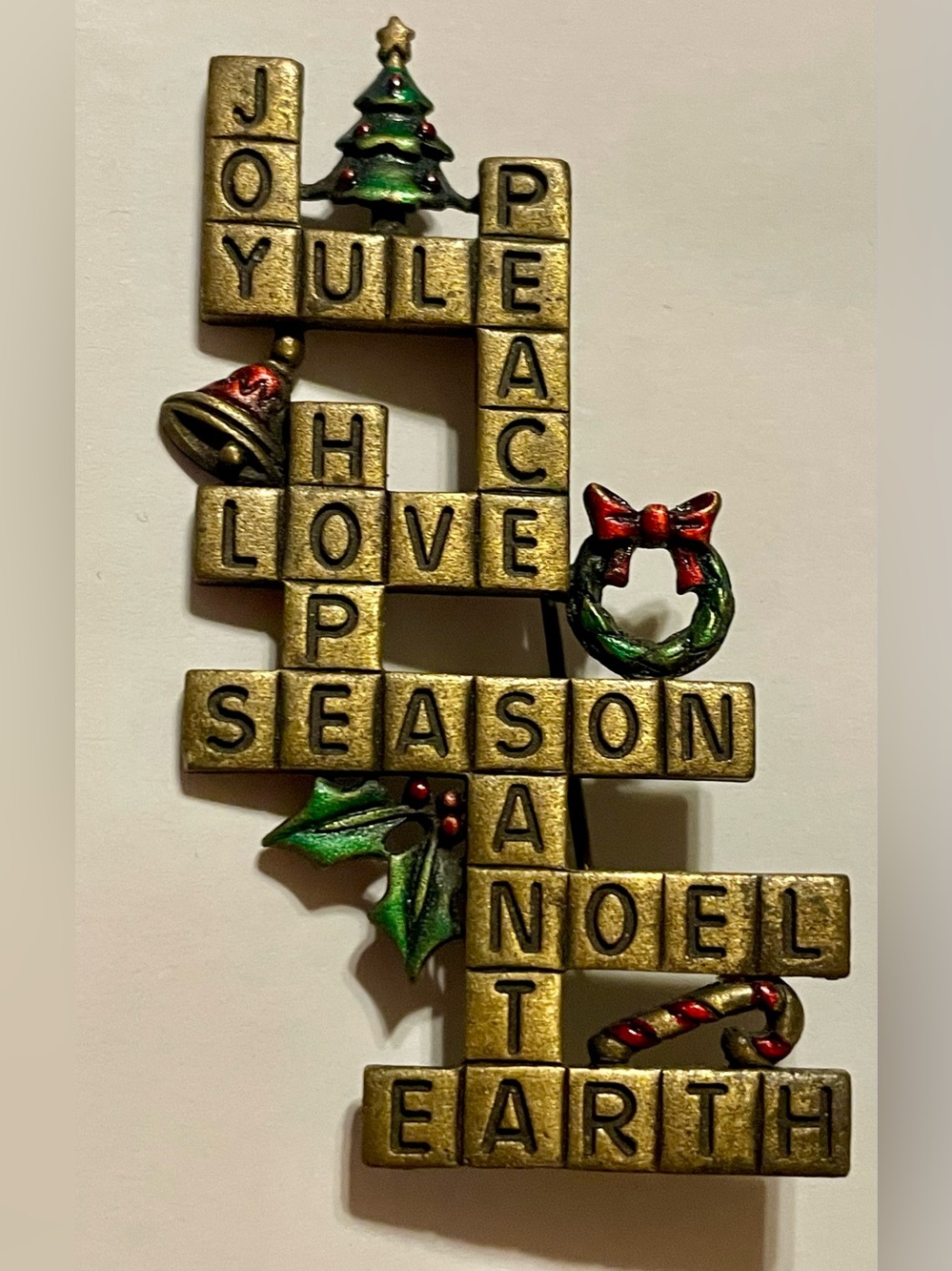 Rare Holiday Crossword Brooch Pin - Gold Tone with Green & Red Accents